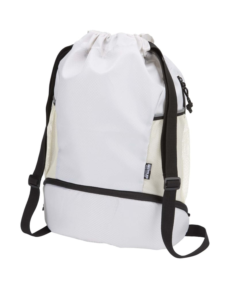 Nomad 18 litran GRS-kierrätetystä materiaalista valmistettu, kiristysnyörillä varustettu urheilukassi alalokerolla – Packshot takaa